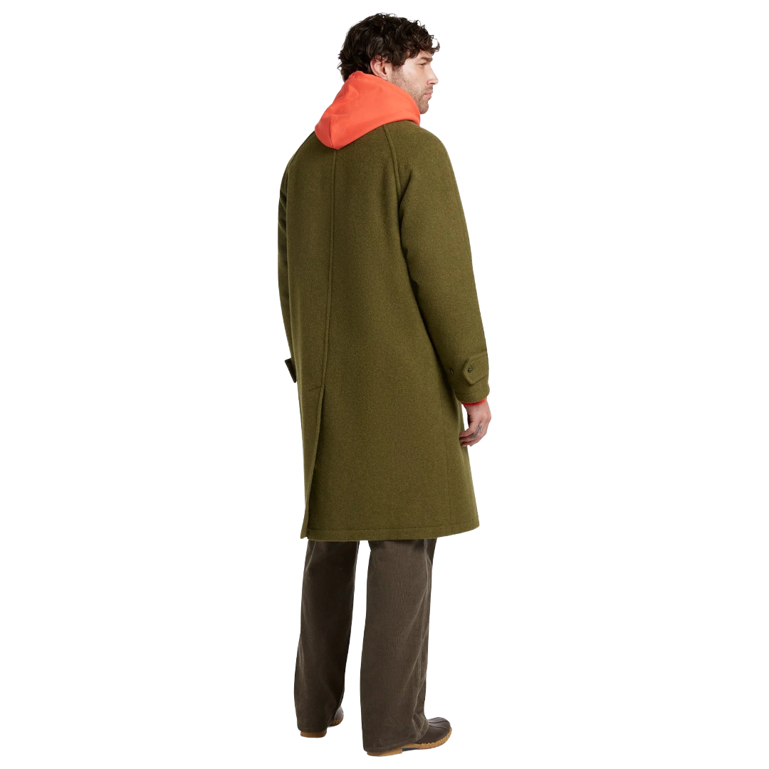 A man wearing a long olive green wool coat with a bright orange hood, shown from the back and side against a plain white background.