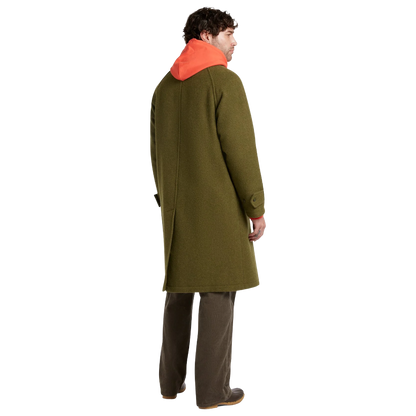 A man wearing a long olive green wool coat with a bright orange hood, shown from the back and side against a plain white background.