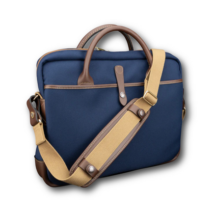 back of billinhgam navy and brown briefcase