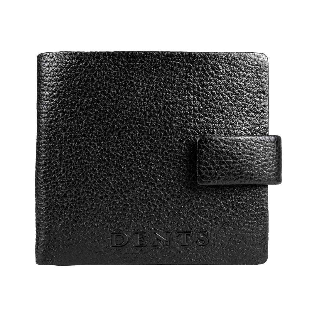 A black textured leather wallet with a snap-button closure and the brand name 'DENTS' embossed on the front, shown against a plain white background.