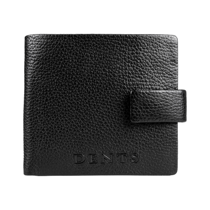 A black textured leather wallet with a snap-button closure and the brand name 'DENTS' embossed on the front, shown against a plain white background.