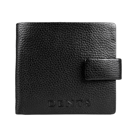 A black textured leather wallet with a snap-button closure and the brand name 'DENTS' embossed on the front, shown against a plain white background.