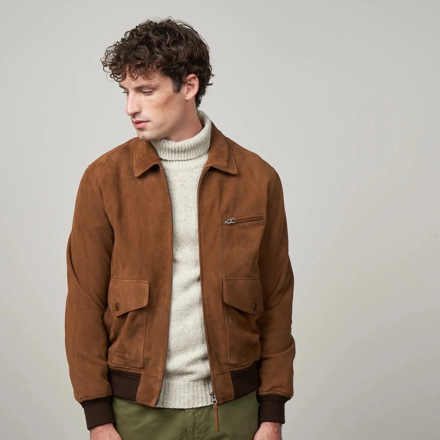 Suede Brown Jacket - Chest Zip - large waist pockets - shirt collar zip up