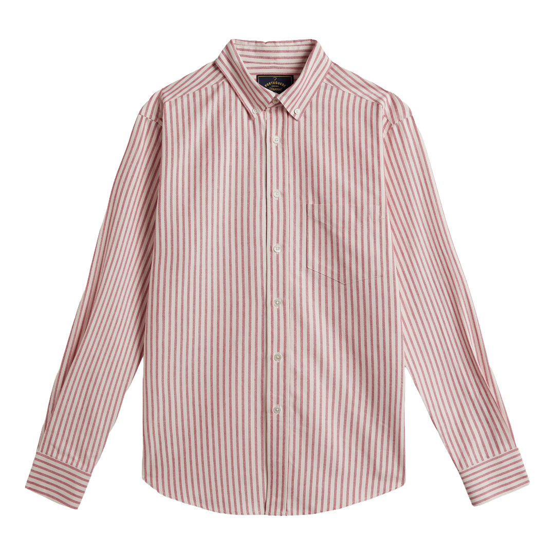 A long-sleeve button-up shirt with vertical pink and white stripes, featuring a classic collar, white buttons, and a chest pocket, shown against a plain white background.