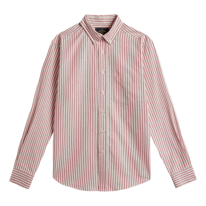 A long-sleeve button-up shirt with vertical pink and white stripes, featuring a classic collar, white buttons, and a chest pocket, shown against a plain white background.