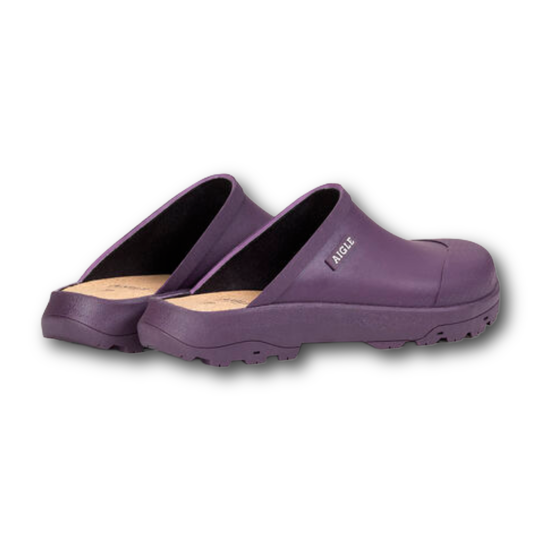Back of Front of purple comfortable Aigle close toe clogs sold at regent in Salisbury made from rubber with cork sole