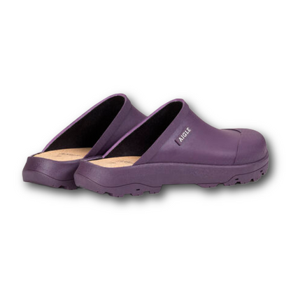 Back of Front of purple comfortable Aigle close toe clogs sold at regent in Salisbury made from rubber with cork sole