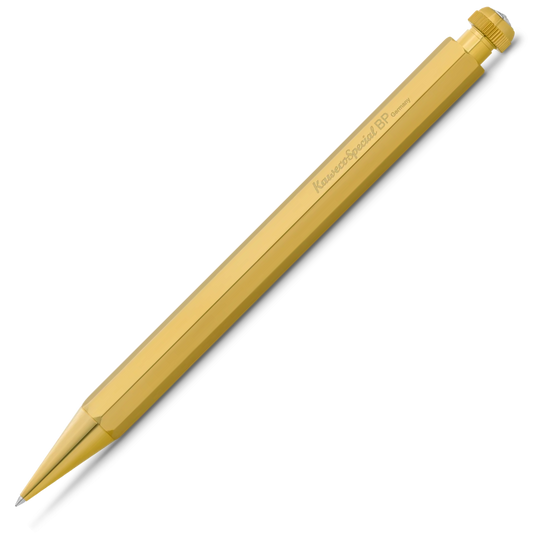 A gold-plated mechanical pencil with a faceted hexagonal barrel, featuring a silver metal tip and a textured gold end cap, shown on a clean white background.