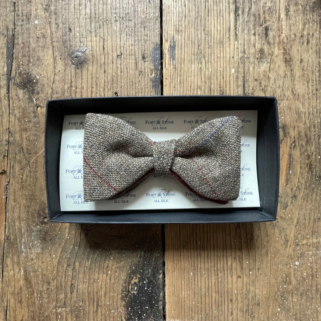 Fixed Bow Tie - Wool Tweed with Blue & Red Overcheck