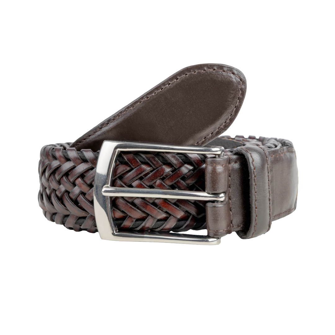 A brown braided leather belt with a polished silver-tone metal buckle, coiled on a solid white background.