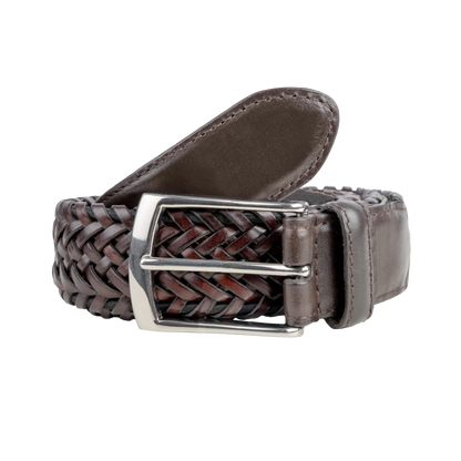 A brown braided leather belt with a polished silver-tone metal buckle, coiled on a solid white background.