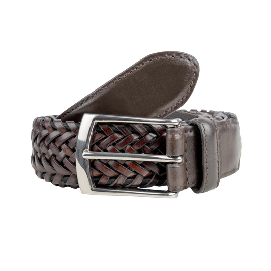 A brown braided leather belt with a polished silver-tone metal buckle, coiled on a solid white background.
