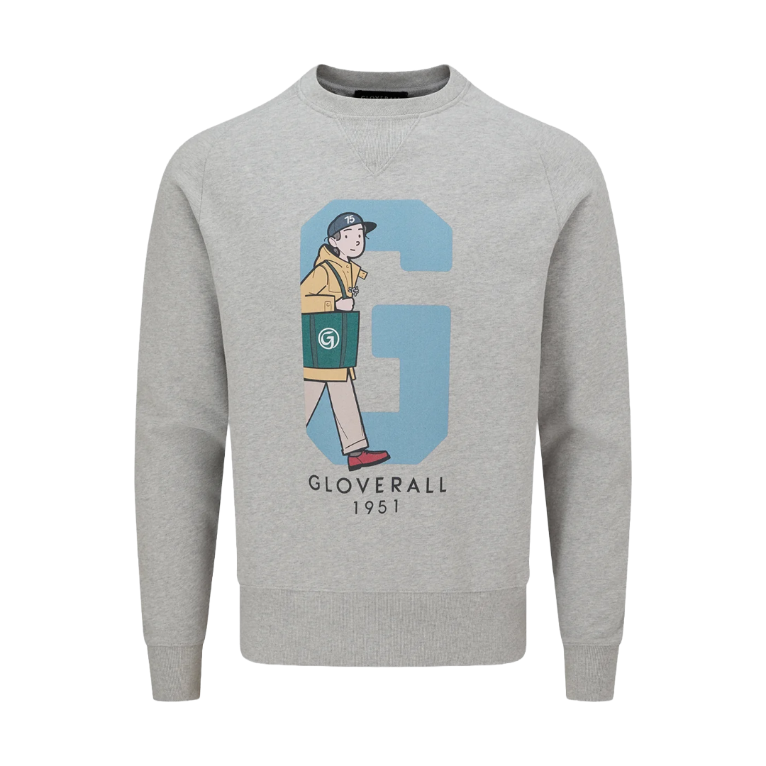 A light gray heather crewneck sweatshirt featuring a vintage-style graphic of a character walking in front of a large light blue letter 'G', with 'GLOVERALL 1951' printed below.