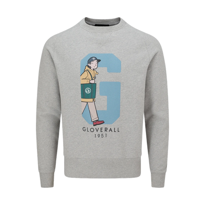 A light gray heather crewneck sweatshirt featuring a vintage-style graphic of a character walking in front of a large light blue letter 'G', with 'GLOVERALL 1951' printed below.