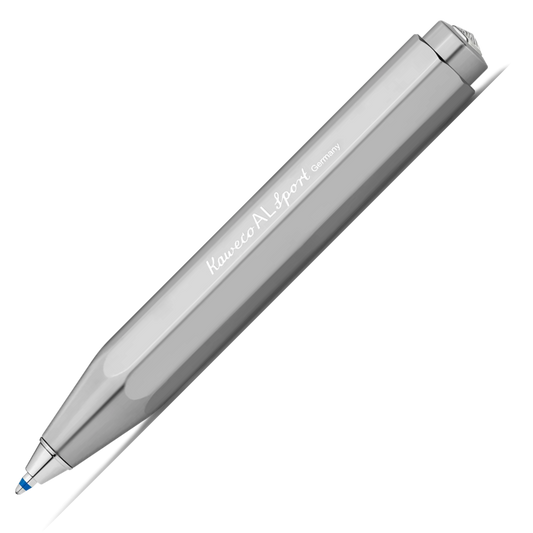 A sleek, metallic silver rollerball pen with a faceted grip design, featuring the engraved text 'Naweco AL-sport Germany' and a blue tip, shown on a clean white background.