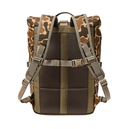 A roll-top backpack shown from the back, featuring a brown and beige camouflage pattern on the top and sides, olive green webbing straps, and dark brown mesh ventilation panels on the back.