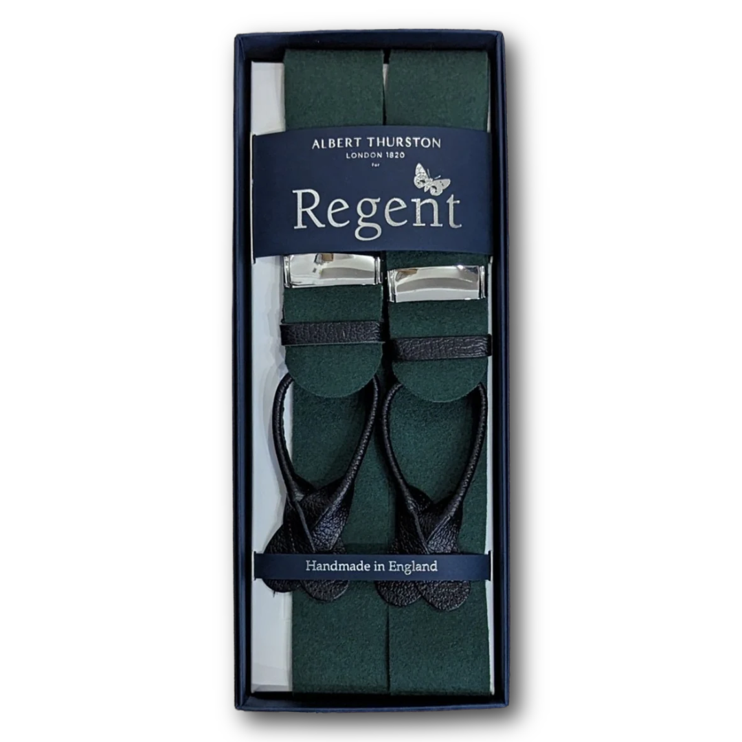 Albert Thurston racing green braces
Y Style button braces
Wool Boxcloth
4cm fronts with 3.5cm elasticated fabric to back
Black Leather fastenings and ends
Adjustable length
Made in England
Sold at Regent in salisbruy