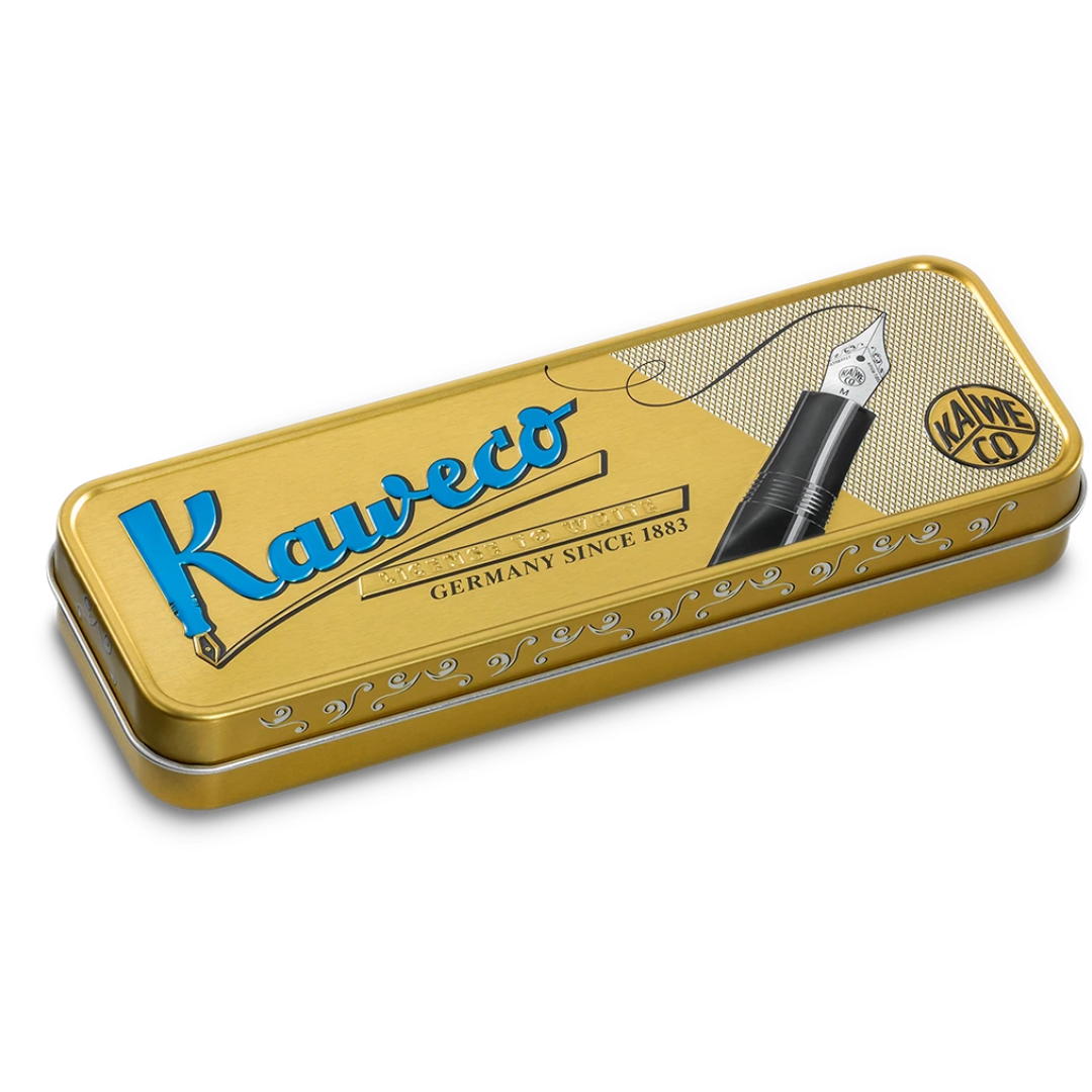 A gold metal ink tin for Kaweco, featuring a blue logo and an illustration of a black fountain pen on a white background.
