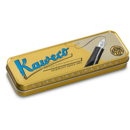 A gold metal ink tin for Kaweco, featuring a blue logo and an illustration of a black fountain pen on a white background.