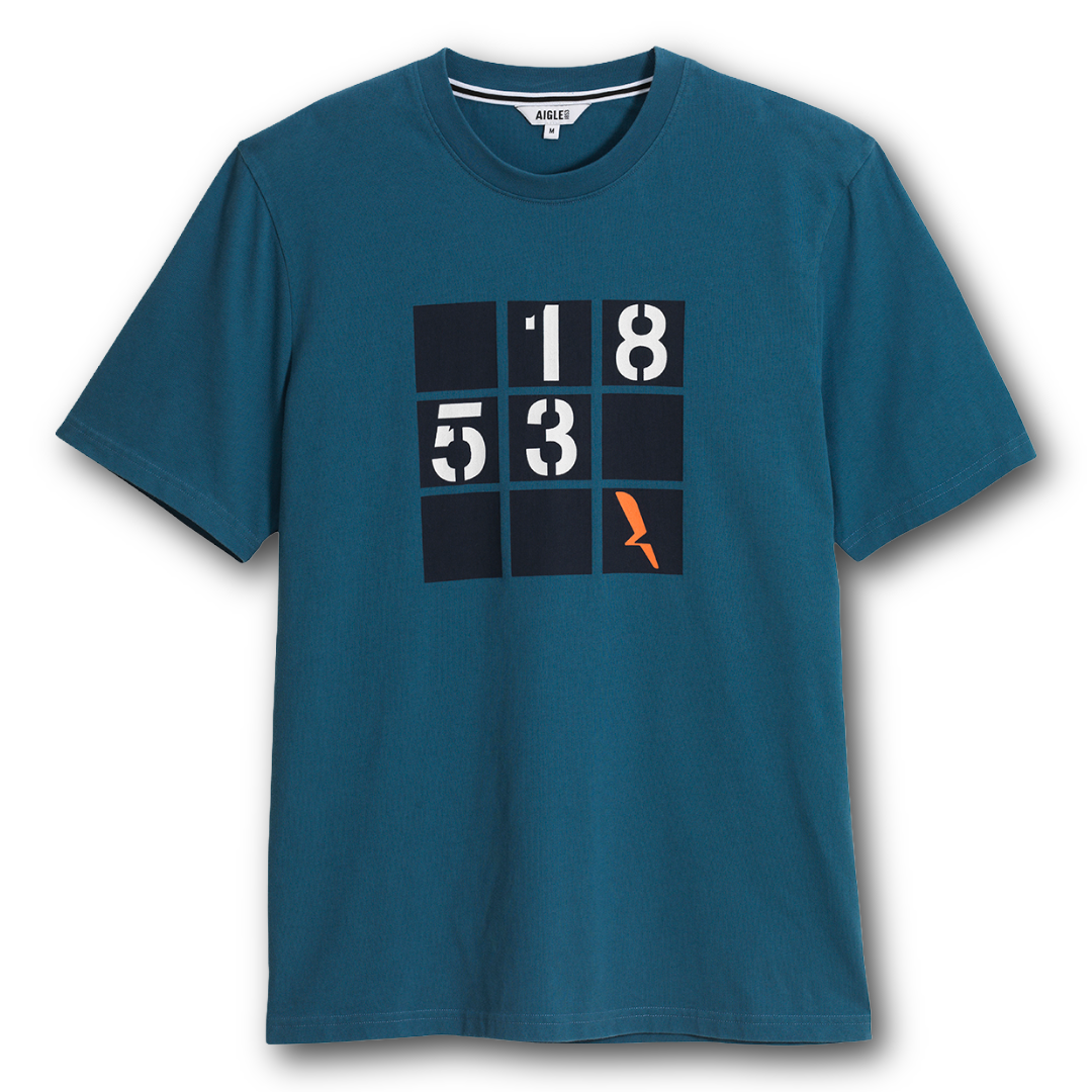 Aigle blue graphic t-shirt with black square design and white number text on a white background sold at Regent in Salisbury