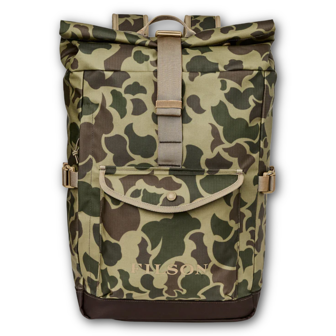Camouflage-patterned backpack with a visible brand logo on a white background