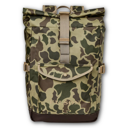 Camouflage-patterned backpack with a visible brand logo on a white background