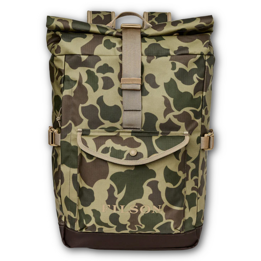Camouflage-patterned backpack with a visible brand logo on a white background