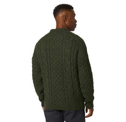 A man wearing an olive green cable-knit sweater, shown from the back against a plain white background.