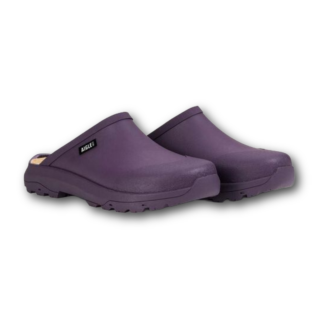 Front of purple comfortable Aigle close toe clogs sold at regent in Salisbury made from rubber