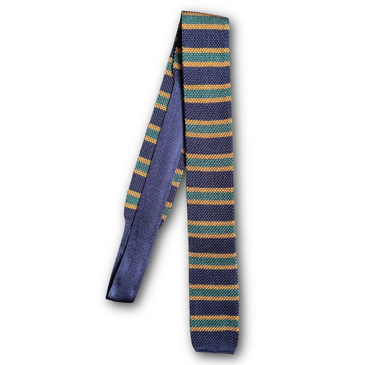Regent - Knitted Silk Tie - Green/Navy/Gold Stripe