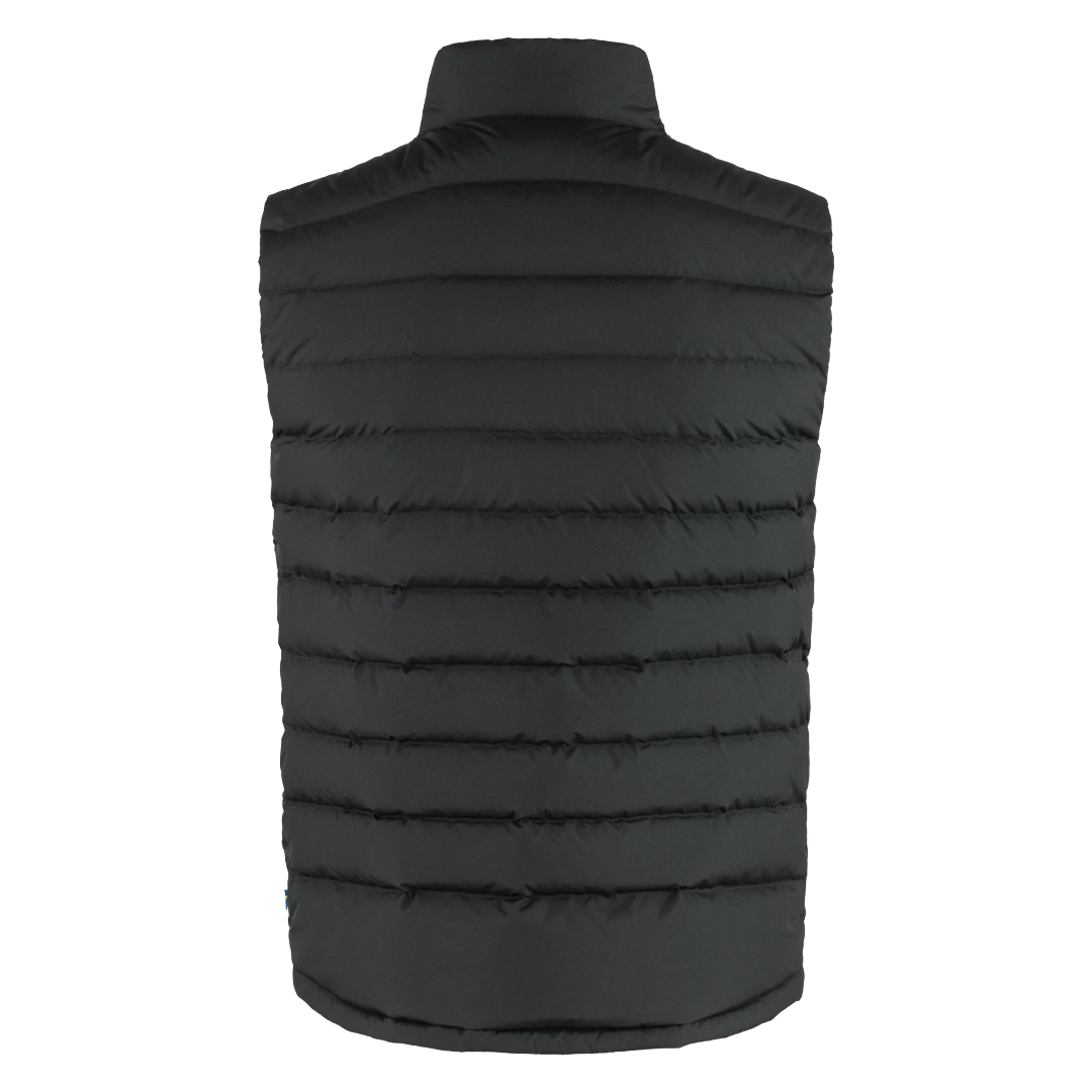 A black sleeveless puffer vest with horizontal quilting and a high mock neck, shown from the back on a plain white background.
