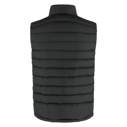 A black sleeveless puffer vest with horizontal quilting and a high mock neck, shown from the back on a plain white background.