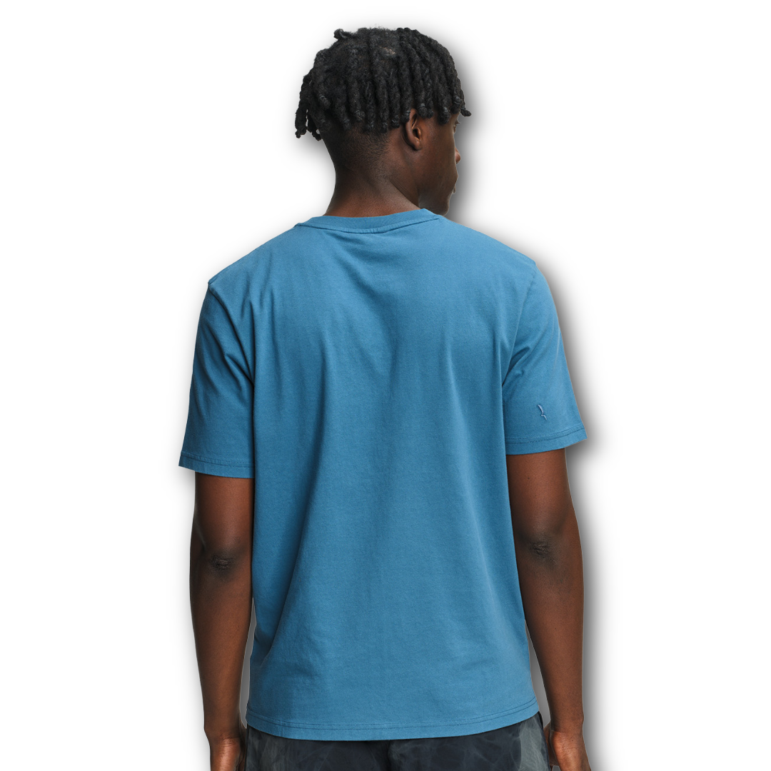 Back of person wearing an Aigle blue graphic  t-shirt on a white background sold at Regent in Salisbury