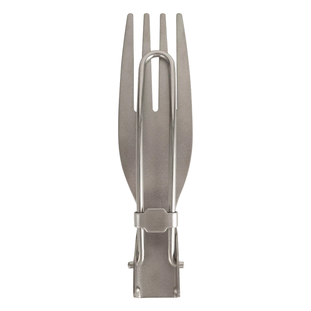 A stainless steel folding pocket fork with a textured metallic finish, shown vertically on a plain white background.