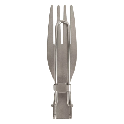 A stainless steel folding pocket fork with a textured metallic finish, shown vertically on a plain white background.