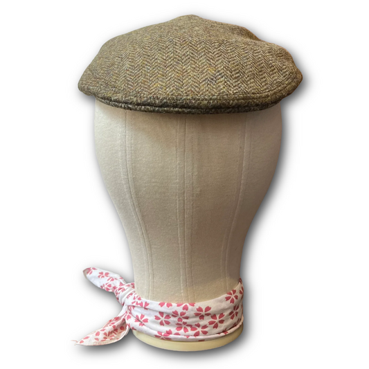 Khaki herringbone tweed flat cap