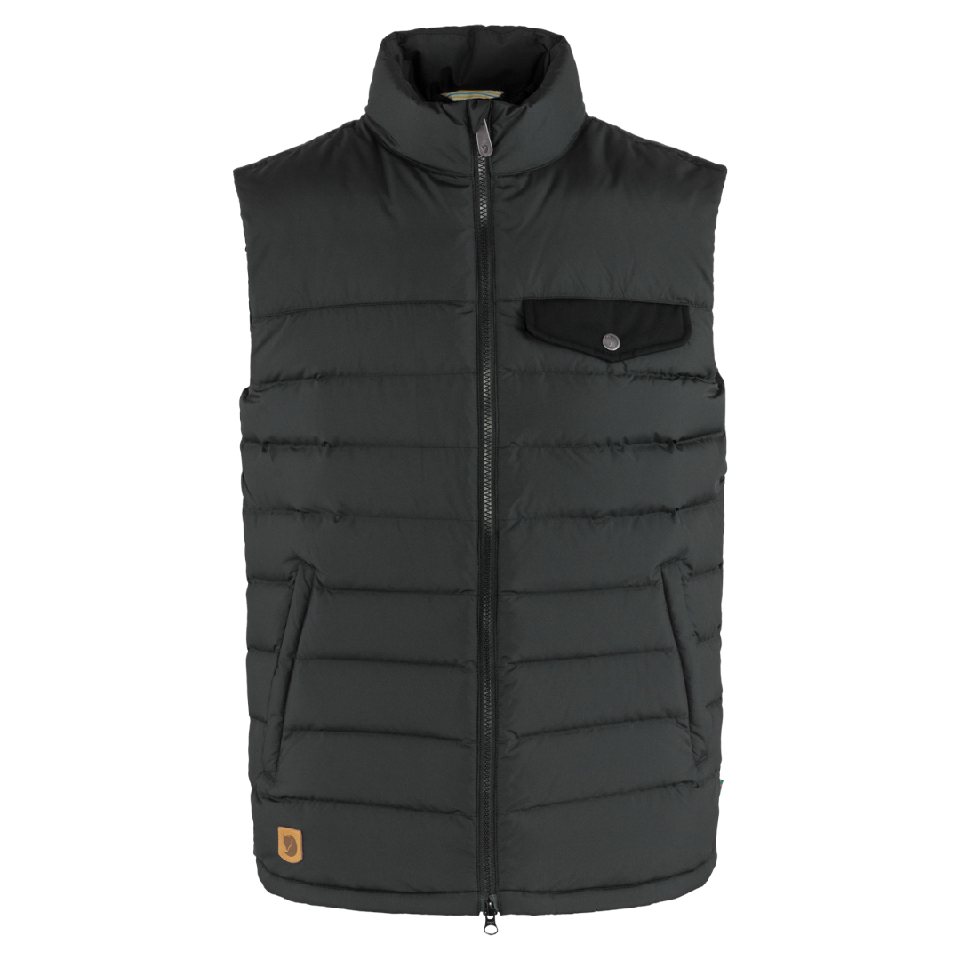 A black quilted sleeveless puffer vest with a high collar, front zipper, chest pocket, and side pockets, shown on a plain white background.