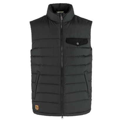 A black quilted sleeveless puffer vest with a high collar, front zipper, chest pocket, and side pockets, shown on a plain white background.