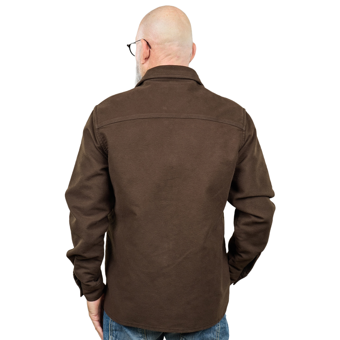 A man viewed from the back wearing a dark brown long-sleeve button-up shirt and blue jeans against a plain white background.