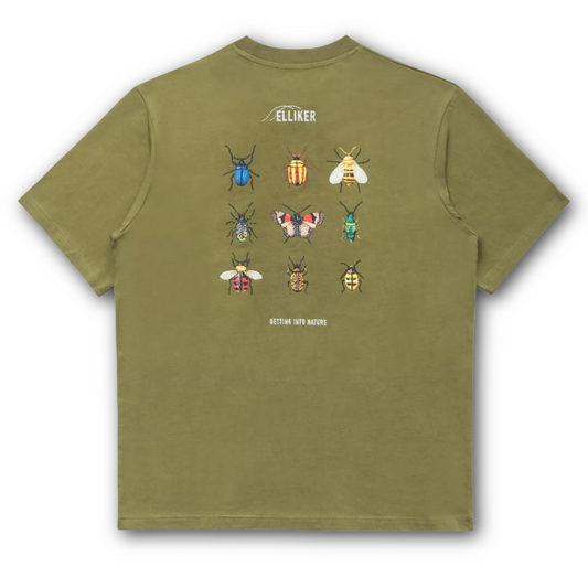 Green graphic t-shirt with insect illustrations on the back, brand 'ELLIKER' visible. Relaxed fit