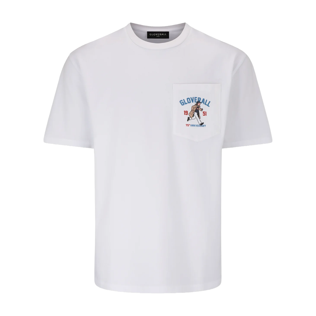 A white short-sleeve crewneck pocket t-shirt by Gloverall, featuring a chest pocket with a colorful graphic of a baseball player and the text 'GLOVERALL'.