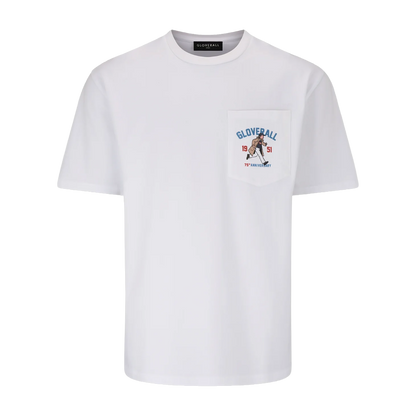 A white short-sleeve crewneck pocket t-shirt by Gloverall, featuring a chest pocket with a colorful graphic of a baseball player and the text 'GLOVERALL'.