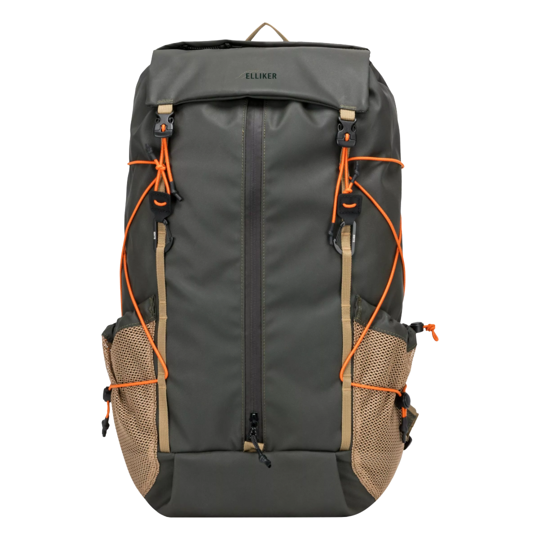 A dark gray roll-top backpack with tan mesh side pockets and bright orange compression straps, shown on a solid white background.