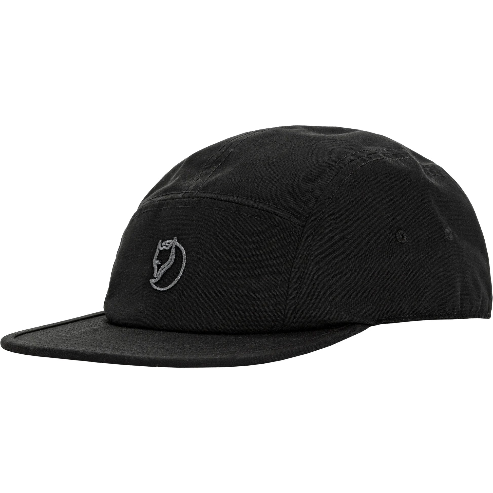 Fjallraven black flat-brimmed cap is made from classic G-1000 with ventilation hole sold at regent in salisbury