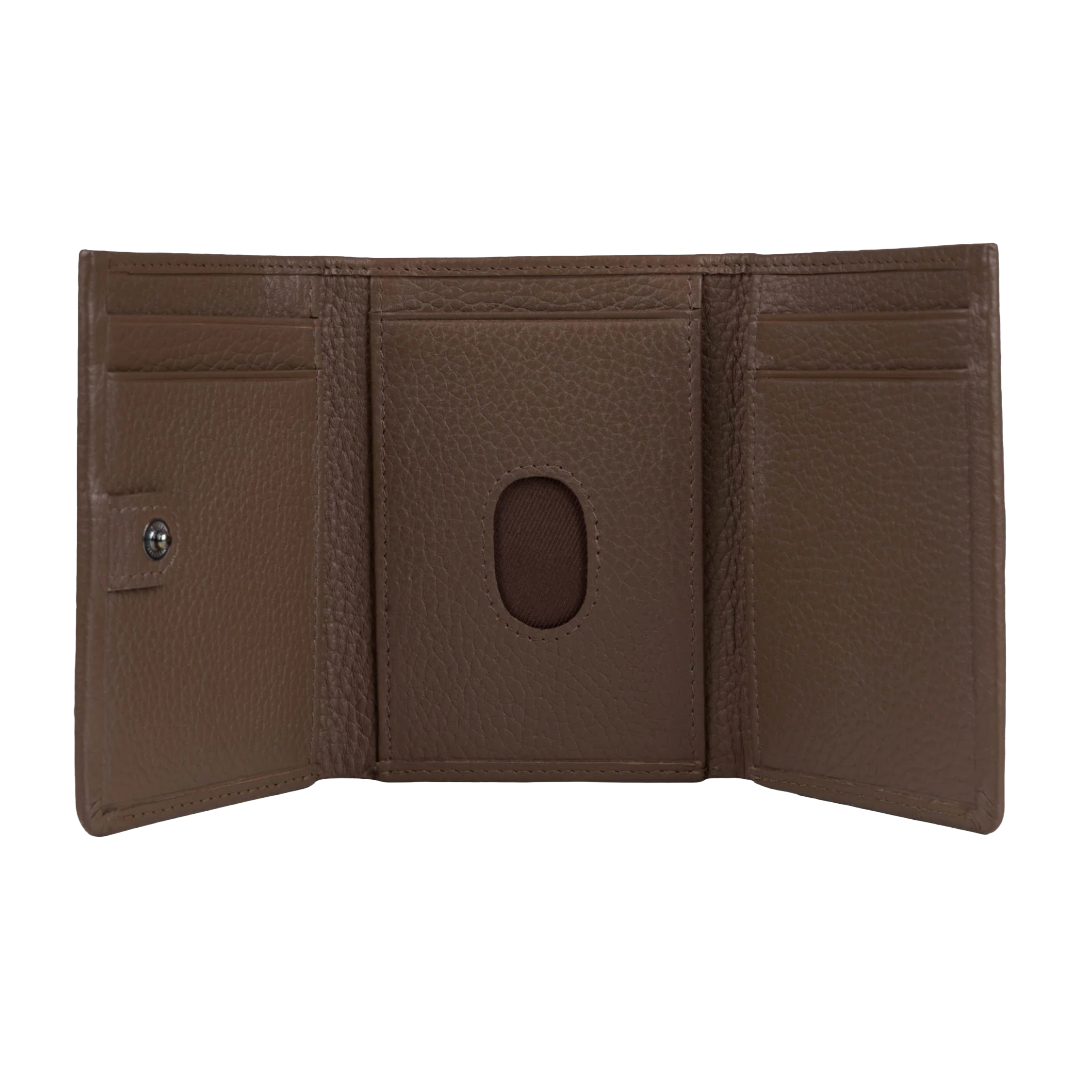 An open brown textured leather bi-fold wallet showing its interior layout with card slots, a central slip pocket with an oval cutout, and a snap-button closure on the left side, isolated on a white background.