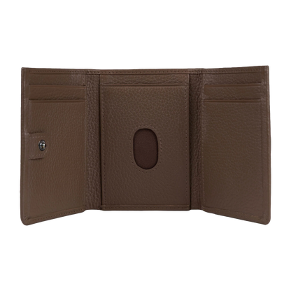An open brown textured leather bi-fold wallet showing its interior layout with card slots, a central slip pocket with an oval cutout, and a snap-button closure on the left side, isolated on a white background.