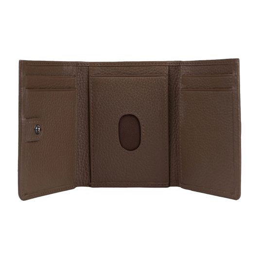 An open brown textured leather bi-fold wallet showing its interior layout with card slots, a central slip pocket with an oval cutout, and a snap-button closure on the left side, isolated on a white background.