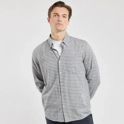 stripe cotton shirt with button down collar and long sleeves.