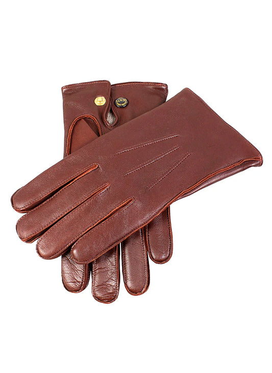 English tan leather gloves with three point stitching and popper fastening at the wrist 