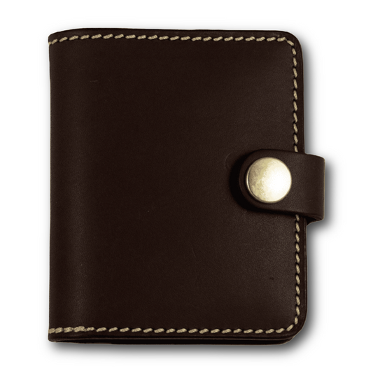 Barnes and Moore dark leather sportsman wallet fastened with a tab and solid brass snap and has outer stitching sold at regent in salisbury